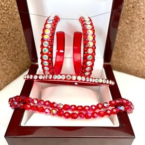 SET of Vintage Red Lucite Jewelry Necklace, Bracelet, Earrings